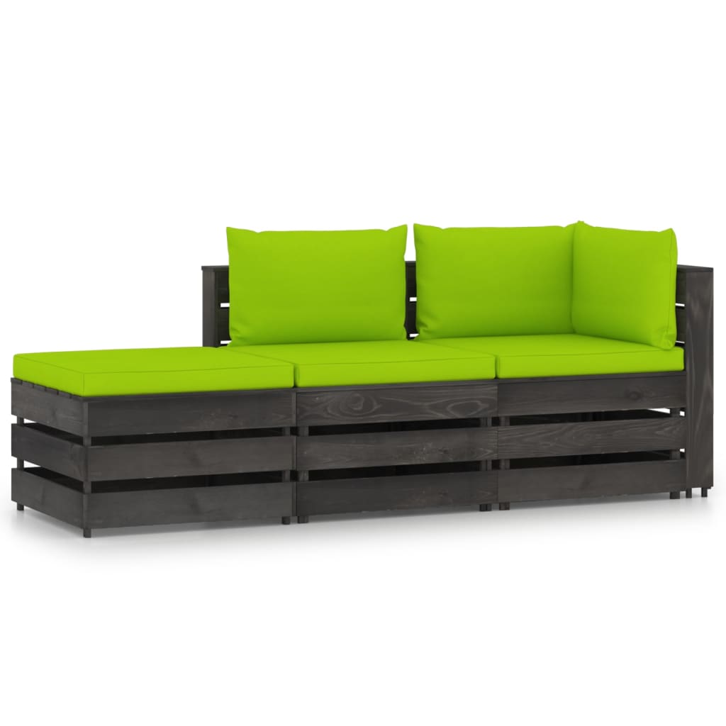 Set mobilier gradina 3 piese canapea L cu perne vidaXL, Lemn de pin tratat, Gri inchis - perne verde aprins