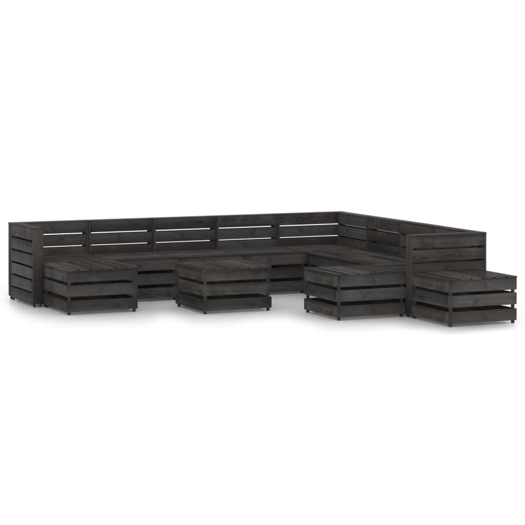 Set mobilier de gradina 12 piese canapea din paleti cu masuta si taburet, vidaXL, Lemn de pin tratat, Gri
