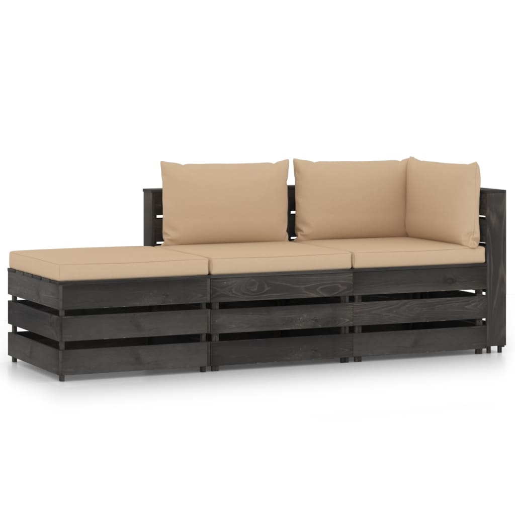 Set mobilier gradina 3 piese canapea L cu perne vidaXL, Lemn de pin tratat, Gri inchis - perne bej