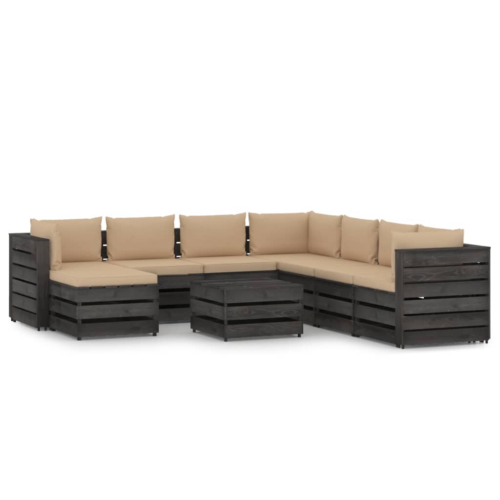 Set mobilier gradina 9 piese set canapea L cu masuta si cu perne, vidaXL, Lemn masiv de pin tratat, Gri inchis - perne bej