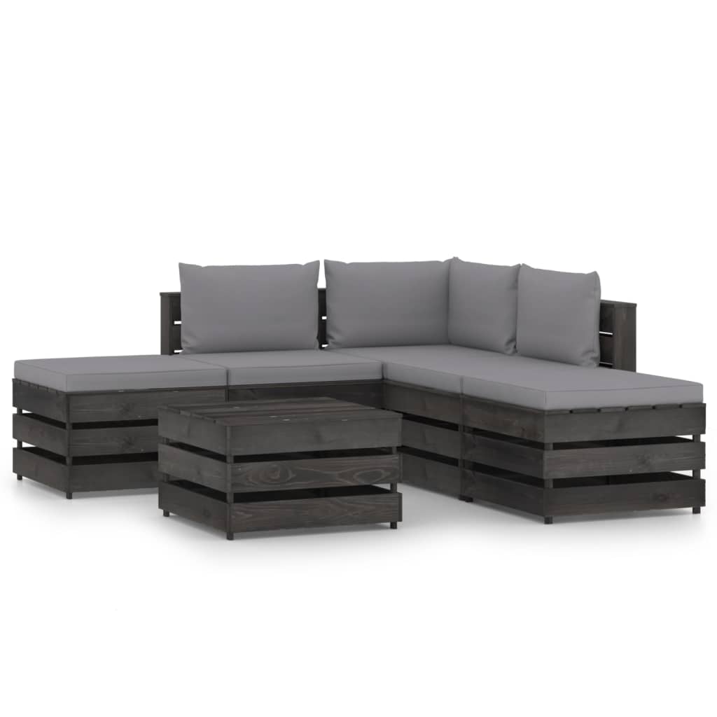 Set mobilier gradina 6 piese canapea L din paleti cu masa si perne vidaXL, Lemn de pin tratat, Gri inchis - perne gri