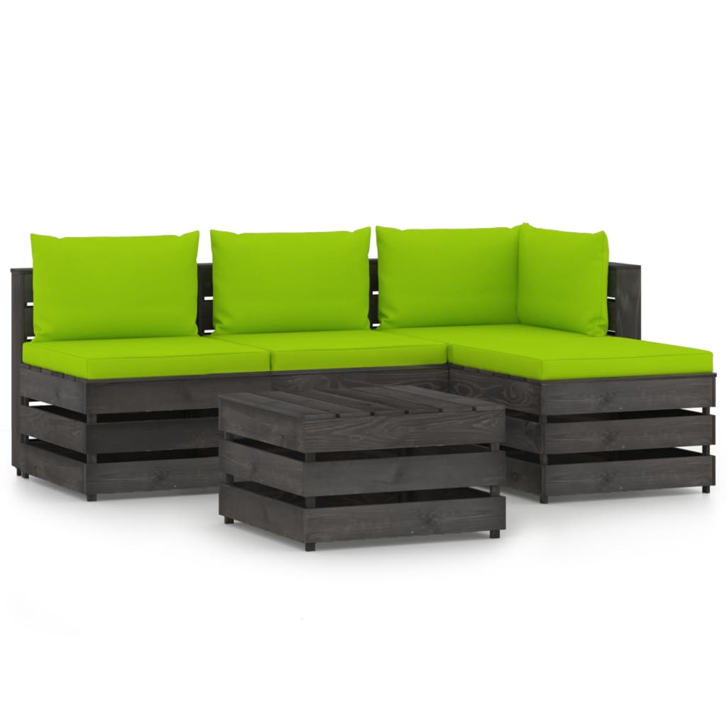 Set mobilier gradina 5 piese canapea din paleti cu perne vidaXL, Lemn de pin tratat, Gri inchis - perne verde aprins