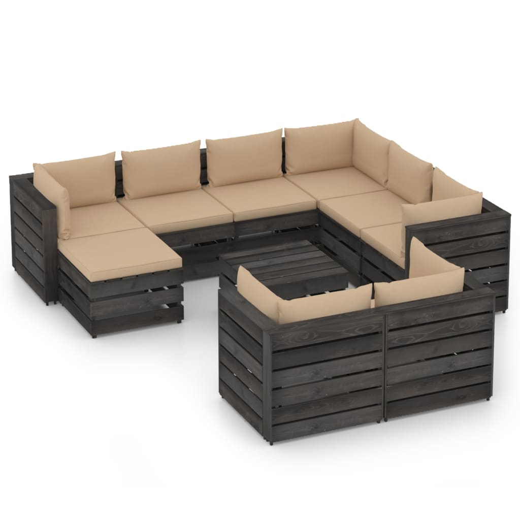 Set mobilier gradina 10 piese set canapele cu masuta si cu perne, vidaXL, Lemn masiv de pin tratat, Gri inchis - perne bej