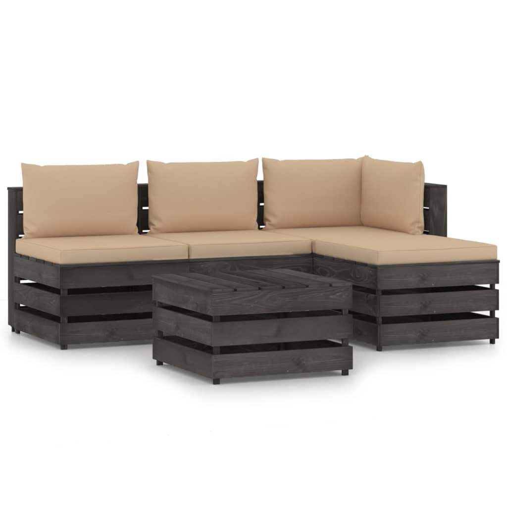 Set mobilier gradina 5 piese canapea din paleti cu perne vidaXL, Lemn de pin tratat, Gri inchis - perne bej