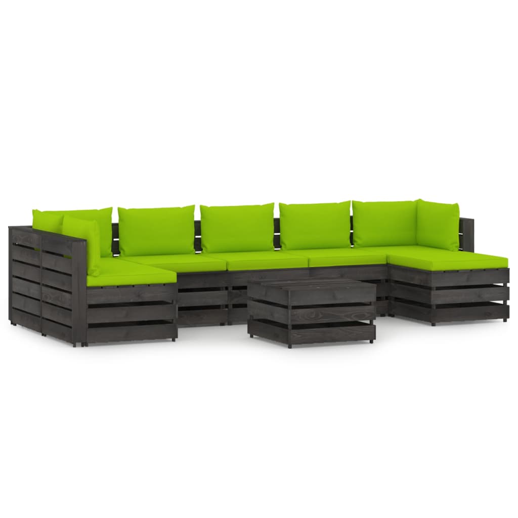 Set mobilier gradina 8 piese set canapea U cu masuta, cu perne, vidaXL, Lemn masiv de pin tratat, Gri inchis - perne verde aprins