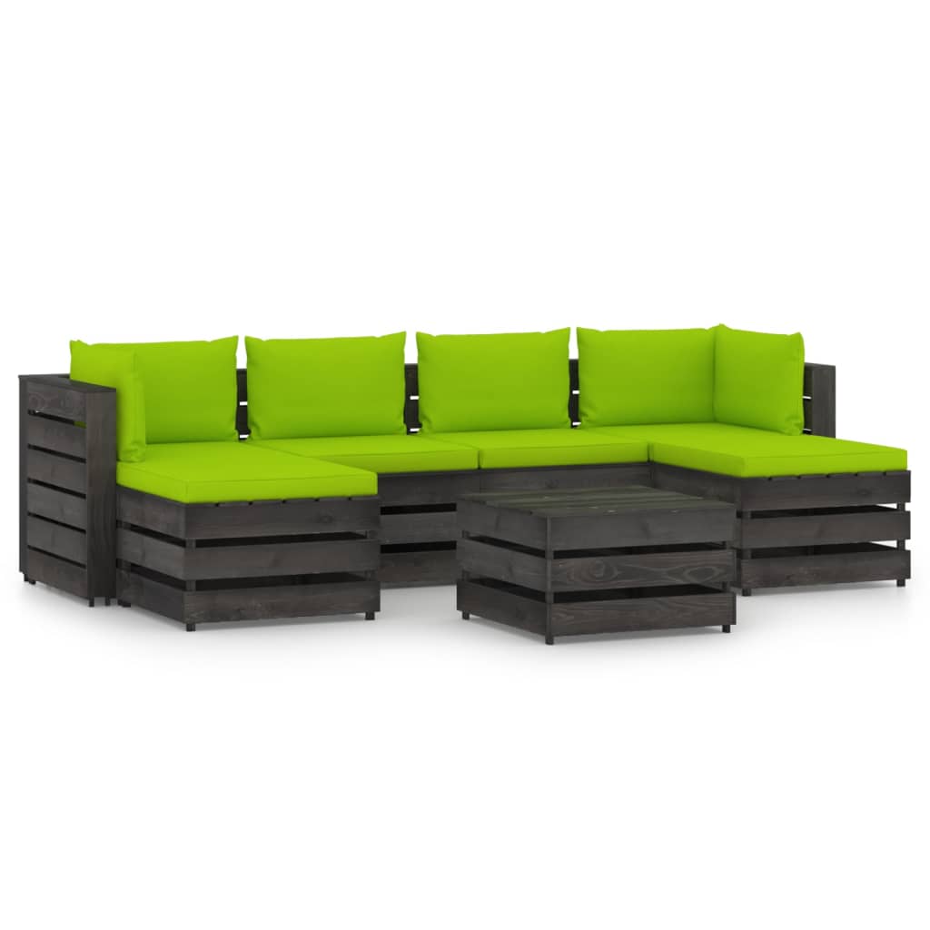 Set mobilier gradina 7 piese set canapea in U cu masuta, cu perne, vidaXL, Lemn masiv de pin tratat, Gri inchis - perne verde aprins