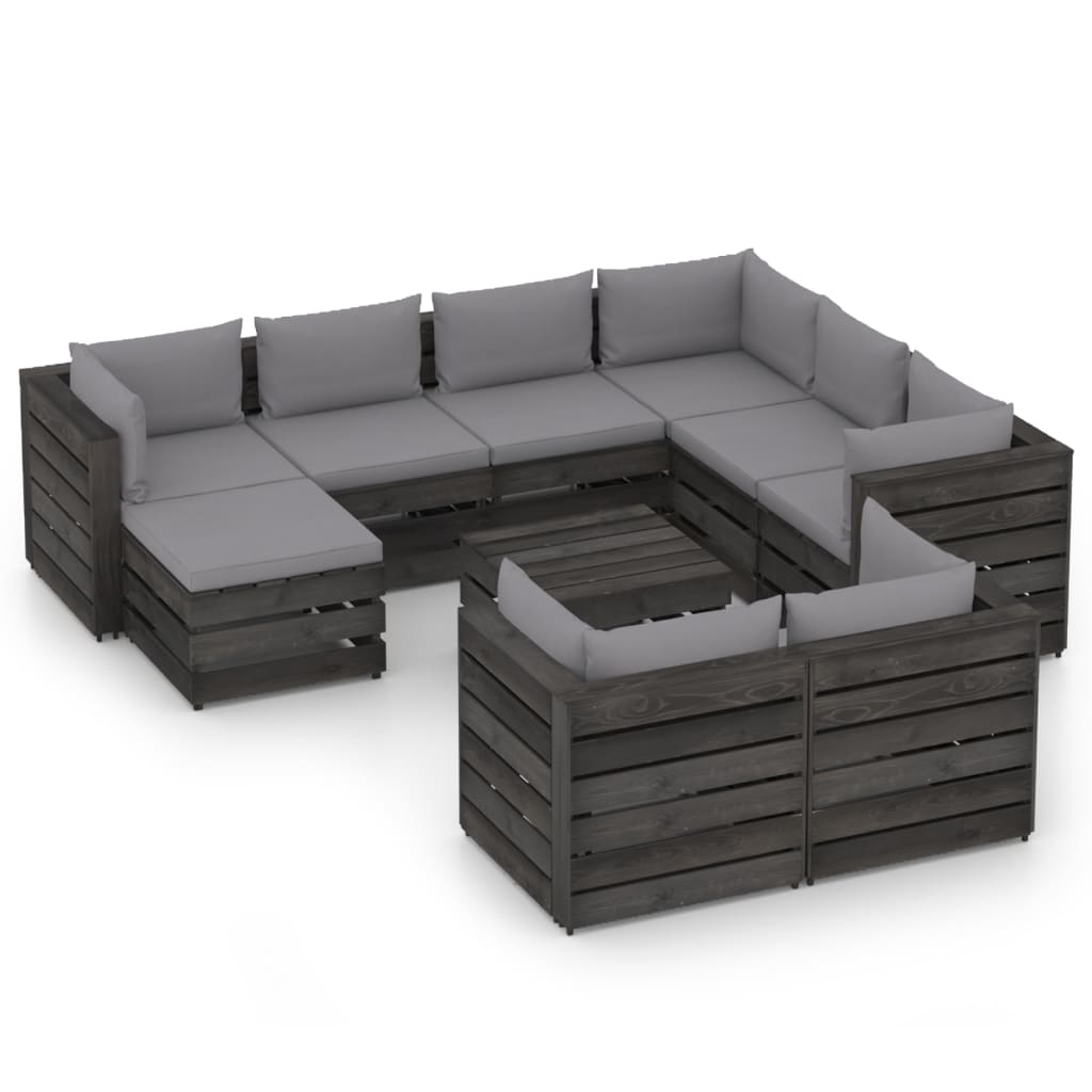 Set mobilier gradina 10 piese set canapele cu masuta si cu perne, vidaXL, Lemn masiv de pin tratat, Gri inchis - perne gri