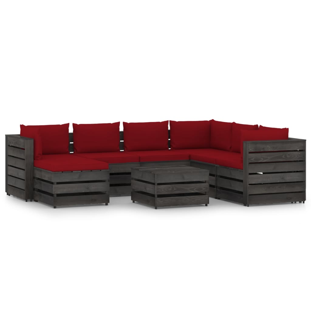Set mobilier gradina 8 piese set canapea L cu masuta, cu perne, vidaXL, Lemn masiv de pin tratat, Gri inchis - perne grena