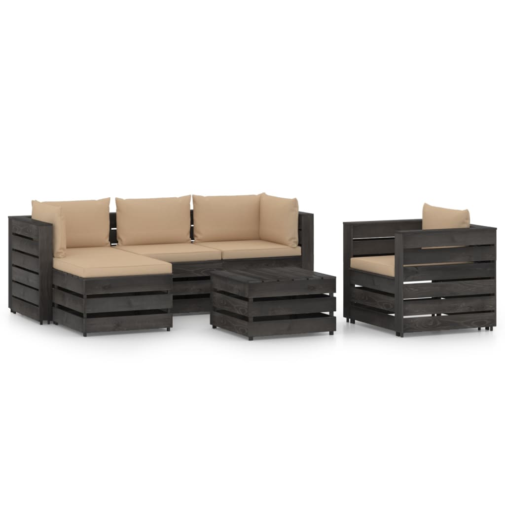 Set mobilier gradina 6 piese canapea in L, fotoliu si masuta, vidaXL, Lemn de pin tratat, Gri inchis cu perne bej