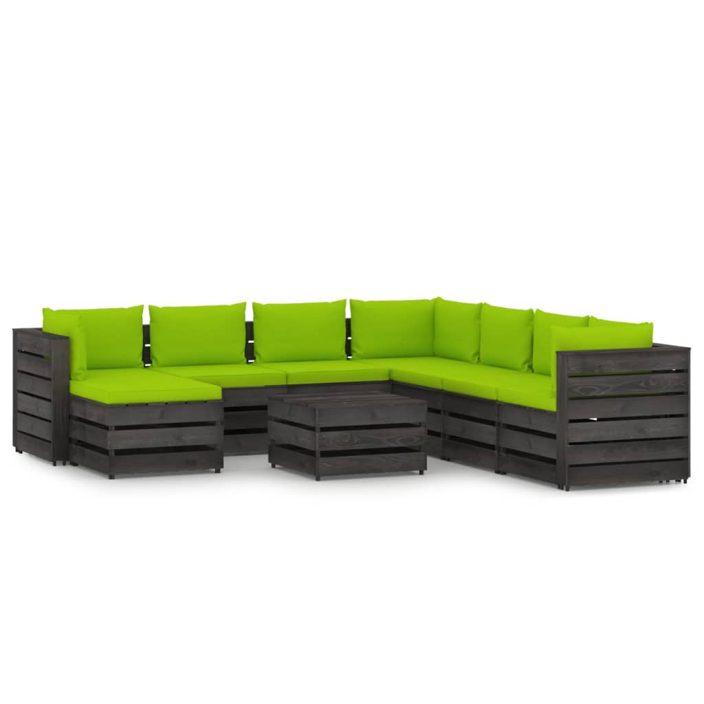 Set mobilier gradina 9 piese set canapea L cu masuta si cu perne, vidaXL, Lemn masiv de pin tratat, Gri inchis - perne verde aprins