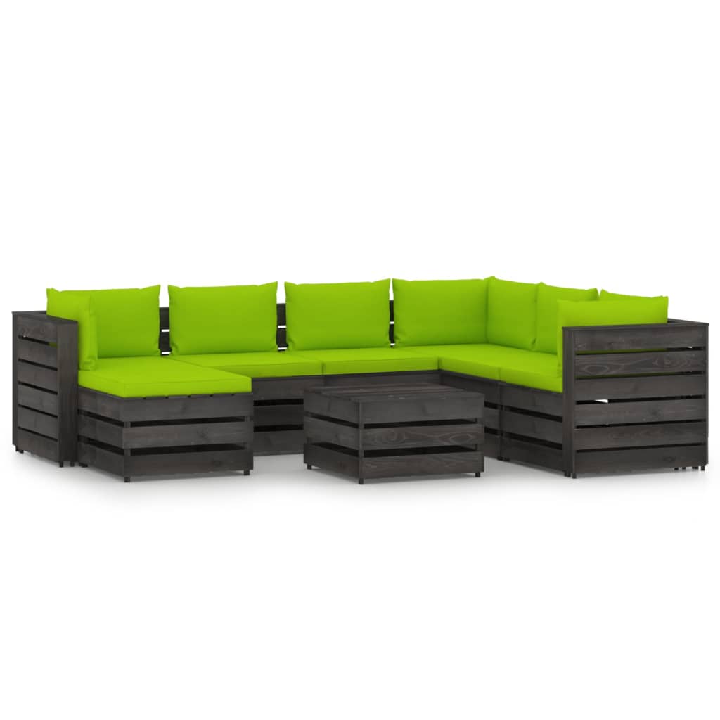 Set mobilier gradina 8 piese set canapea L cu masuta, cu perne, vidaXL, Lemn masiv de pin tratat, Gri inchis - perne verde aprins