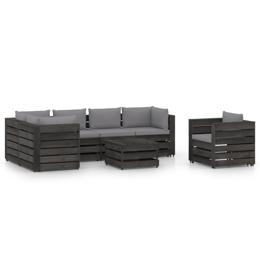 Set mobilier gradina 7 piese canapea L, fotoliu si masuta, vidaXL, Lemn de pin tratat, Gri inchis cu perne antracit