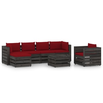 Set mobilier gradina 7 piese canapea in L, fotoliu si masuta, vidaXL, Lemn de pin tratat, Gri inchis cu perne grena Set mobilier gradina 7 piese canapea in L, fotoliu si masuta, vidaXL, Lemn de pin tratat, Gri inchis cu perne grena