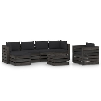 Set mobilier gradina 7 piese canapea in L, fotoliu si masuta, vidaXL, Lemn de pin tratat, Gri inchis cu perne negru Set mobilier gradina 7 piese canapea in L, fotoliu si masuta, vidaXL, Lemn de pin tratat, Gri inchis cu perne negru
