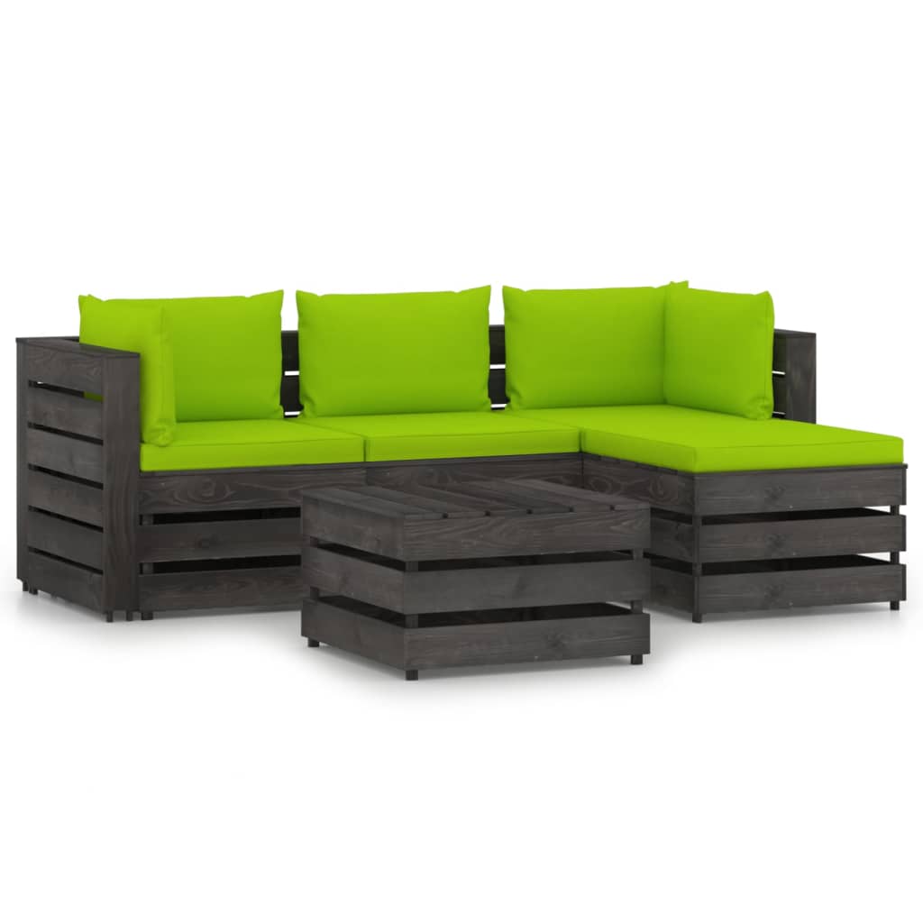 Set mobilier gradina 5 piese canapea L din paleti cu perne vidaXL, Lemn de pin tratat, Gri inchis - perne verde aprins