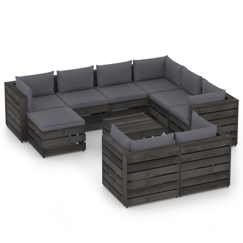 Set mobilier gradina 10 piese set canapele cu masuta si cu perne, vidaXL, Lemn masiv de pin tratat, Gri inchis - perne antracit