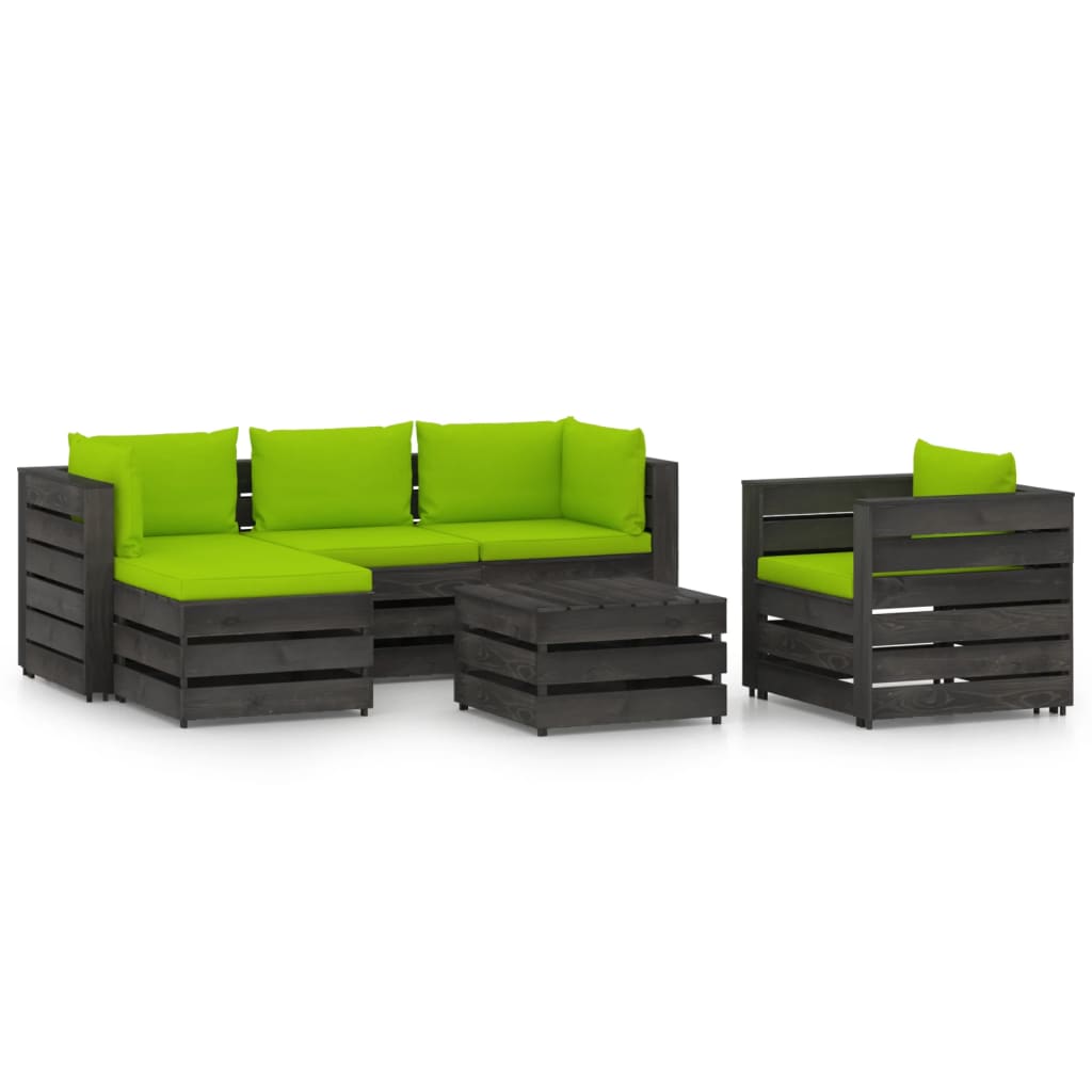 Set mobilier gradina 6 piese canapea in L, fotoliu si masuta, vidaXL, Lemn de pin tratat, Gri inchis cu perne verde aprins