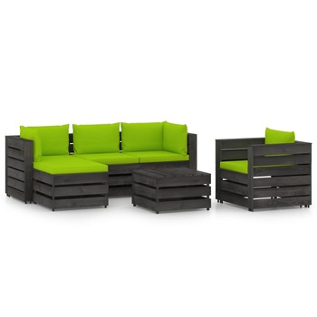 Set mobilier gradina 6 piese canapea in L, fotoliu si masuta, vidaXL, Lemn de pin tratat, Gri inchis cu perne verde aprins Set mobilier gradina 6 piese canapea in L, fotoliu si masuta, vidaXL, Lemn de pin tratat, Gri inchis cu perne verde aprins