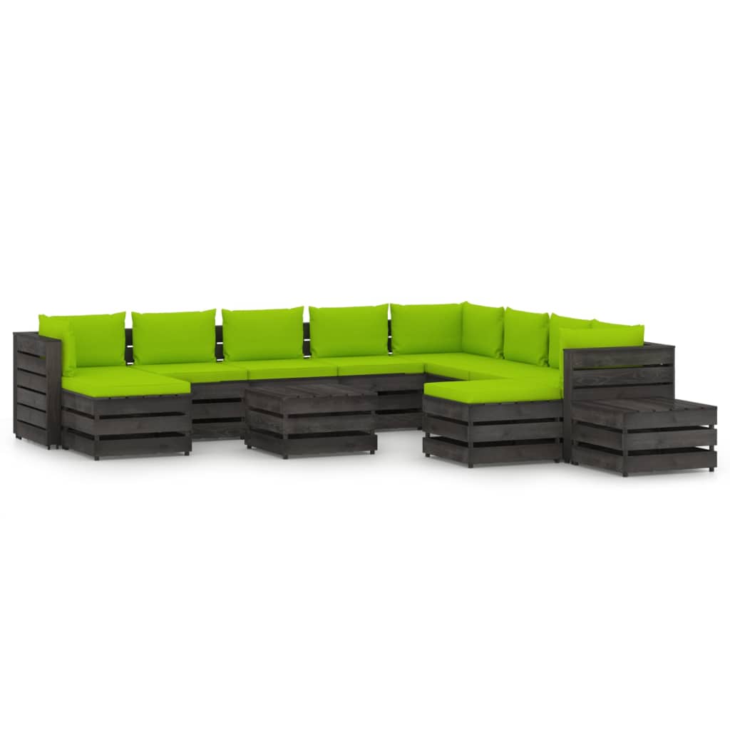 Set mobilier gradina 12 piese canapea cu masuta, taburet si perne, vidaXL, Lemn de pin tratat, Gri inchis - perne verde aprins