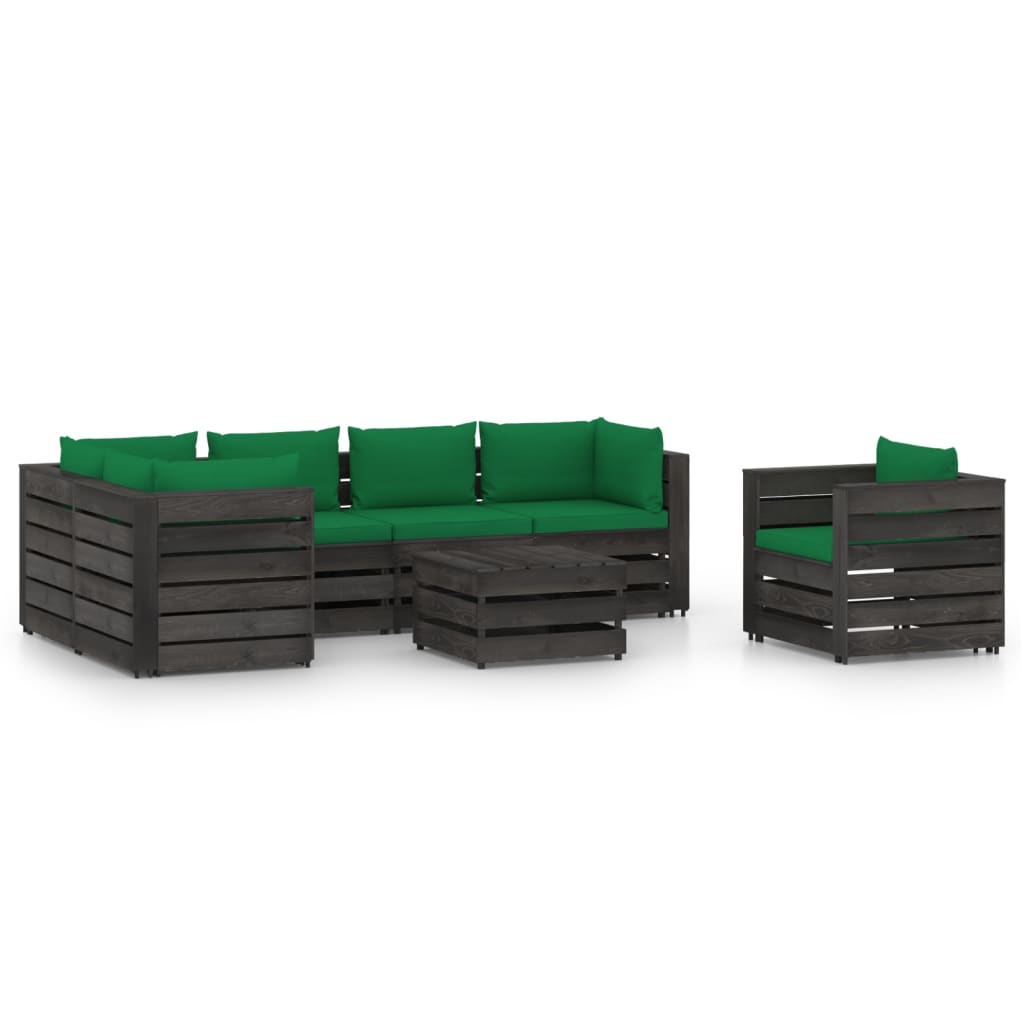 Set mobilier gradina 7 piese canapea L, fotoliu si masuta, vidaXL, Lemn de pin tratat, Gri inchis cu perne verde inchis