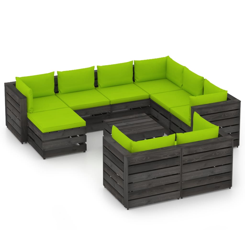 Set mobilier gradina 10 piese set canapele cu masuta si cu perne, vidaXL, Lemn masiv de pin tratat, Gri inchis - perne verde aprins