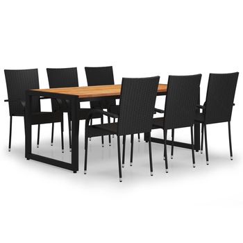 Set mobilier de gradina 7 piese masa cu scaune, vidaXL, Ratan si lemn masiv de acacia, 180 x 90 x 75 cm, Negru si maro Set mobilier de gradina 7 piese masa cu scaune, vidaXL, Ratan si lemn masiv de acacia, 180 x 90 x 75 cm, Negru si maro