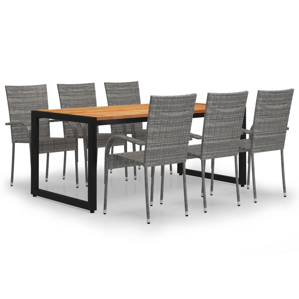 Set mobilier de gradina 7 piese masa cu scaune, vidaXL, Ratan si lemn masiv de acacia, 180 x 90 x 75 cm, Gri si maro