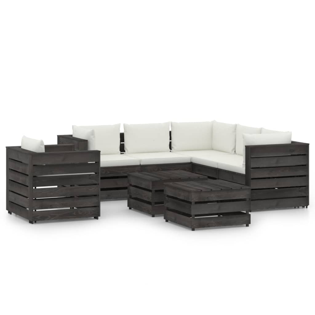 Set mobilier gradina 8 piese canapea L, fotoliu cu taburet si masuta, vidaXL, Lemn de pin tratat, Gri inchis cu perne crem