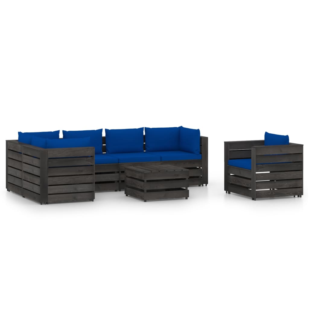 Set mobilier gradina 7 piese canapea L, fotoliu si masuta, vidaXL, Lemn de pin tratat, Gri inchis cu perne albastru regal