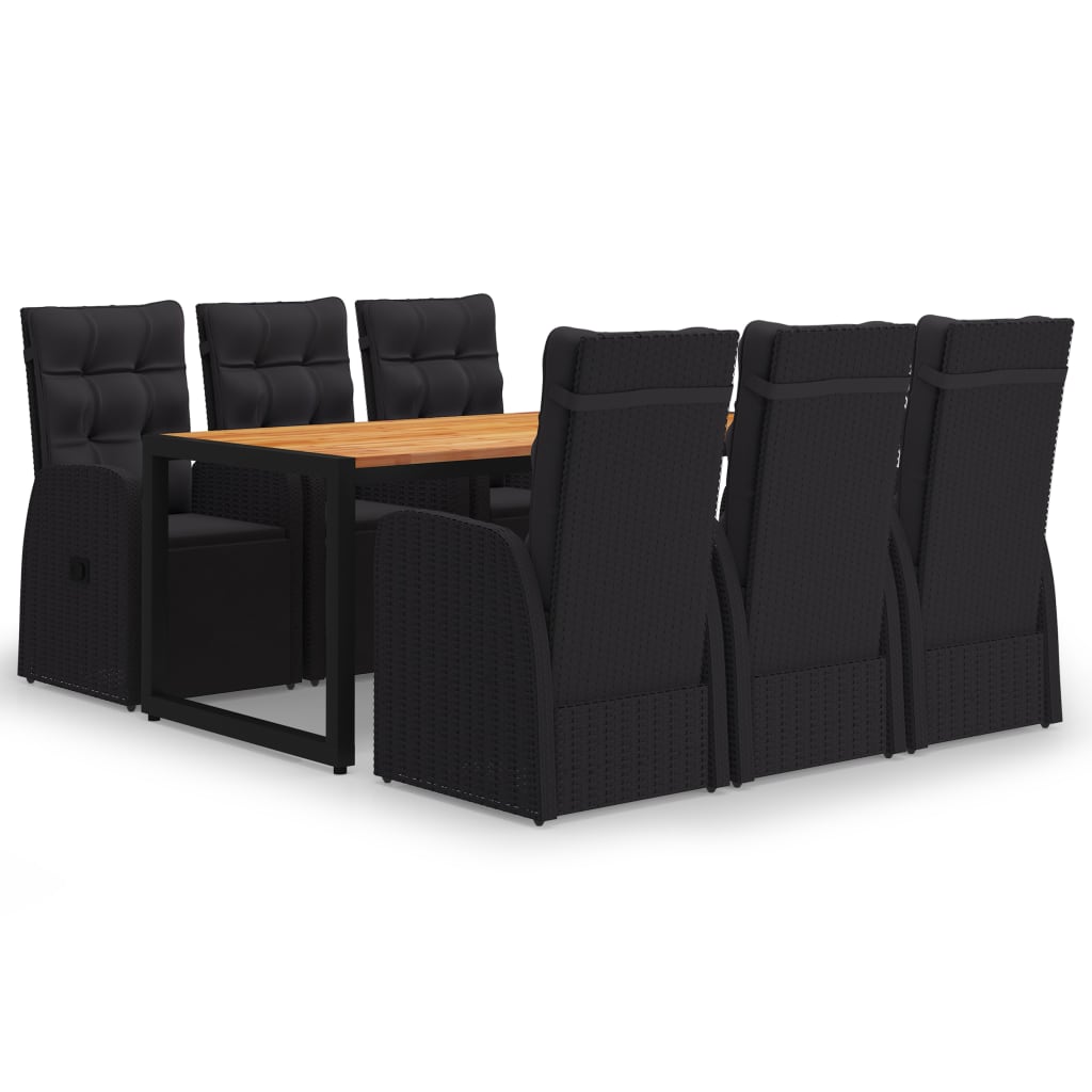 Set mobilier de gradina 7 piese masa cu fotolii reglabile cu perne, vidaXL, Ratan si lemn masiv de acacia, 180 x 90 x 75 cm, Negru si maro