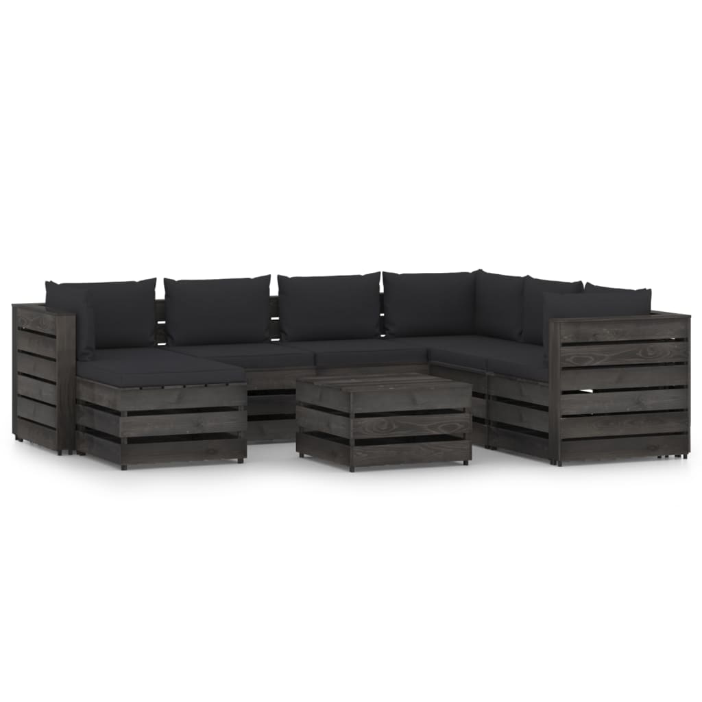 Set mobilier gradina 8 piese set canapea L cu masuta, cu perne, vidaXL, Lemn masiv de pin tratat, Gri inchis - perne negru