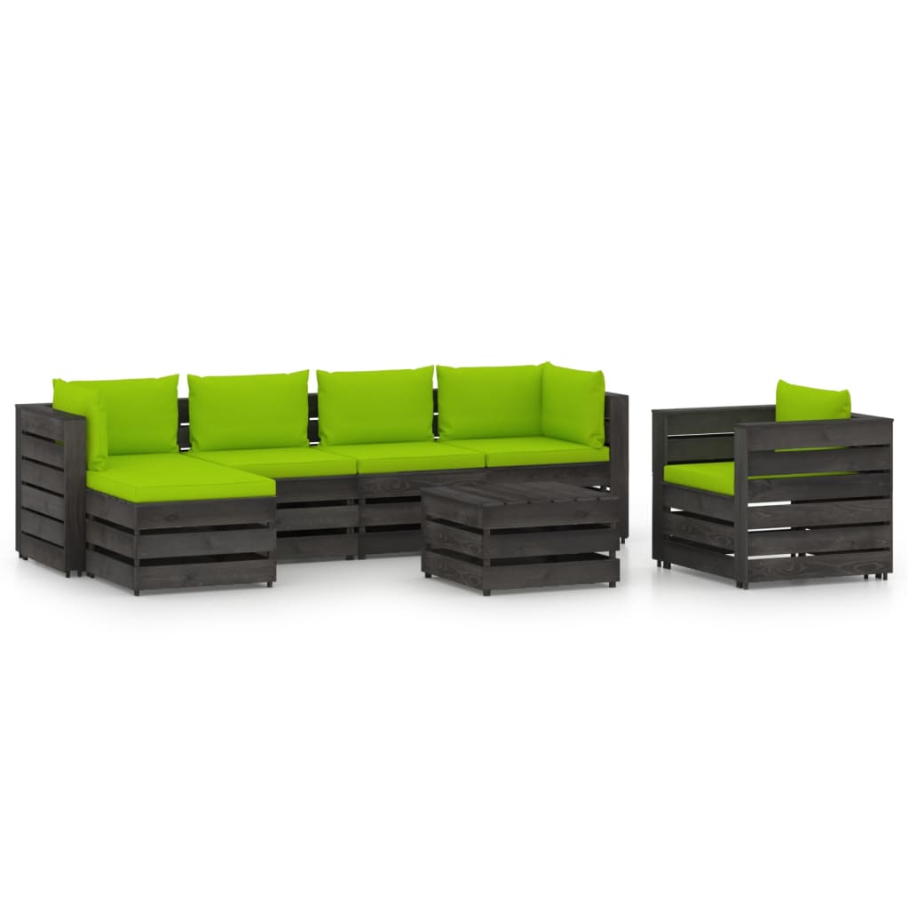 Set mobilier gradina 7 piese canapea in L, fotoliu si masuta, vidaXL, Lemn de pin tratat, Gri inchis cu perne verde aprins