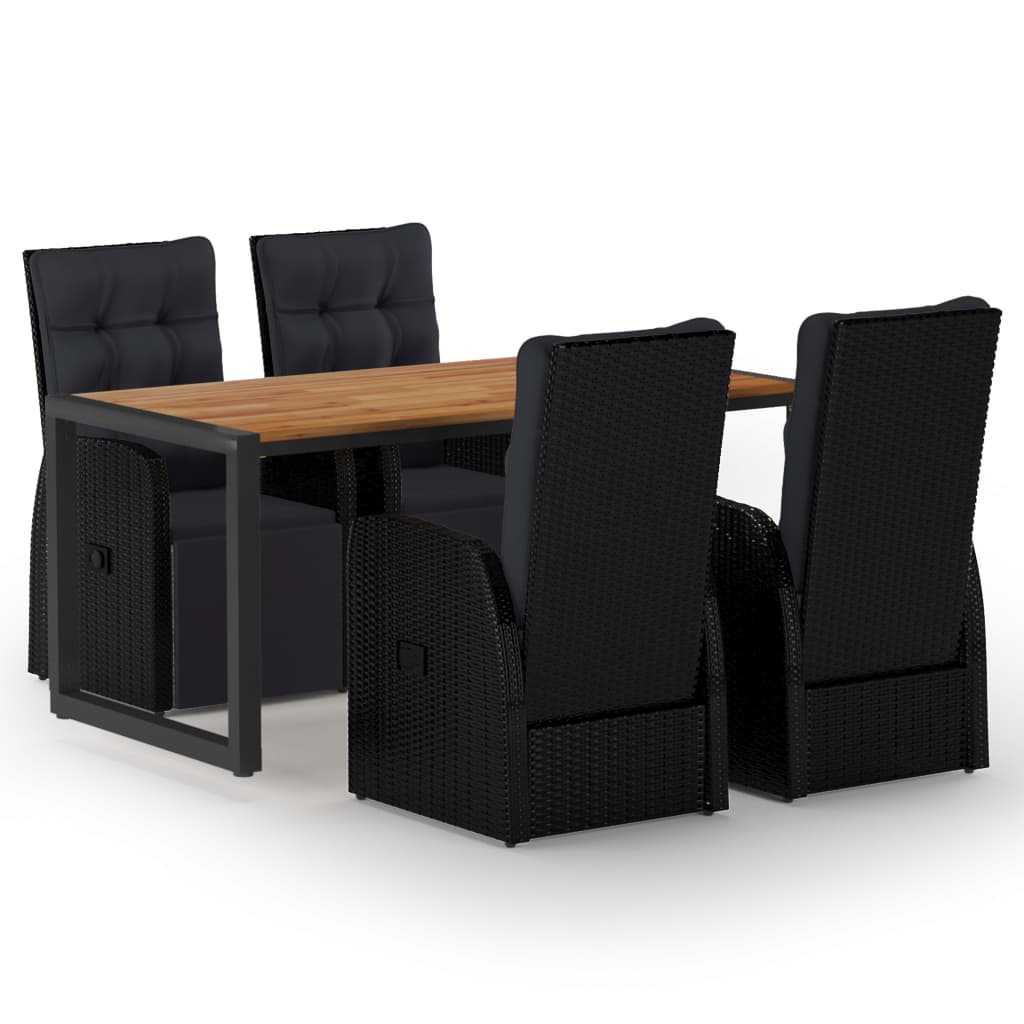 Set mobilier de gradina 5 piese masa cu 4 fotolii, vidaXL, Ratan-Otel vopsit electrostatic-Lemn acacia, 160 x 80 x 75 cm, Negru/Maro