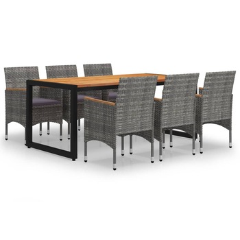 Set mobilier de gradina 7 piese masa cu scaune, vidaXL, Ratan si lemn masiv de acacia, 180 x 90 x 75 cm, Gri si maro Set mobilier de gradina 7 piese masa cu scaune, vidaXL, Ratan si lemn masiv de acacia, 180 x 90 x 75 cm, Gri si maro