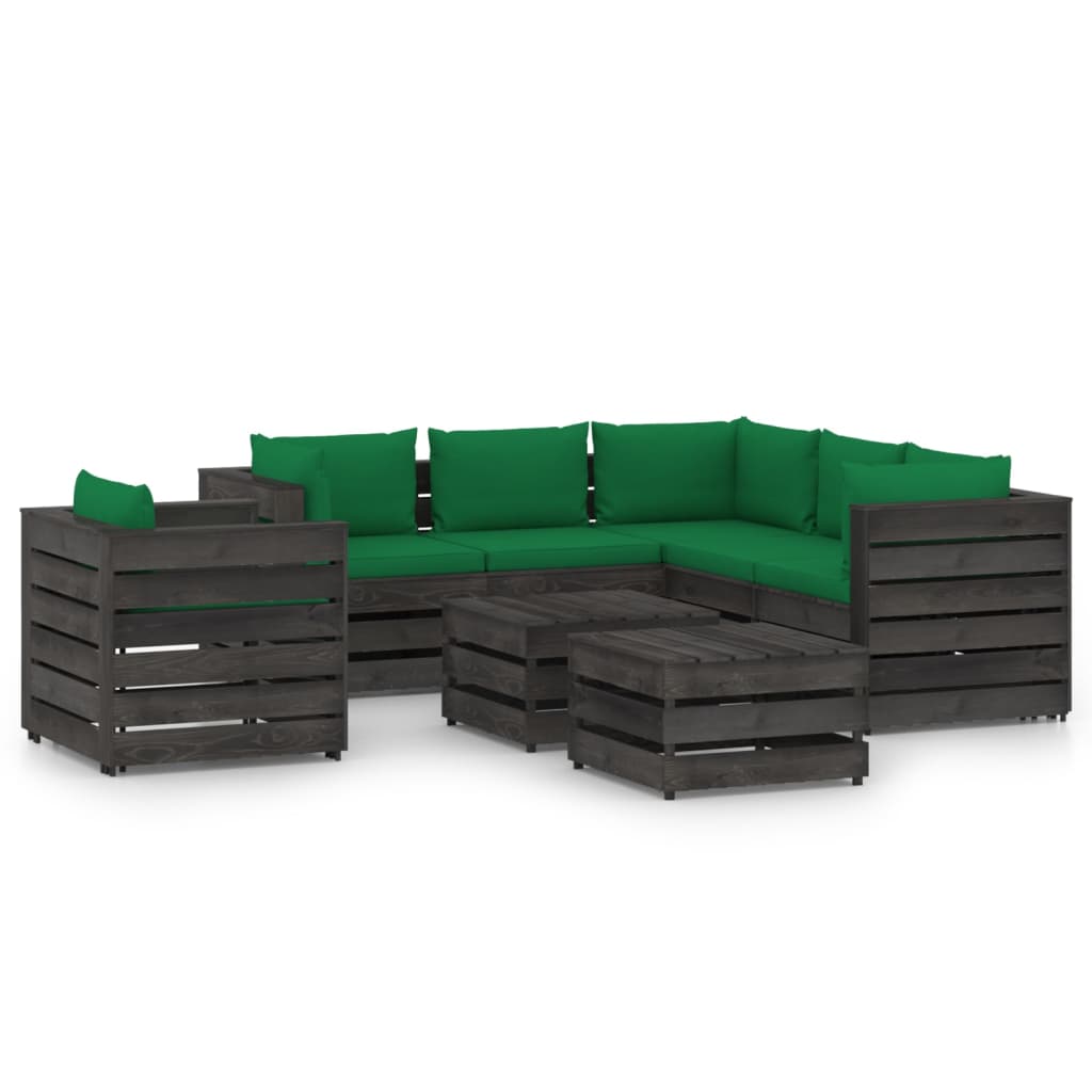 Set mobilier gradina 8 piese canapea L, fotoliu cu taburet si masuta, vidaXL, Lemn de pin tratat, Gri inchis cu perne verde