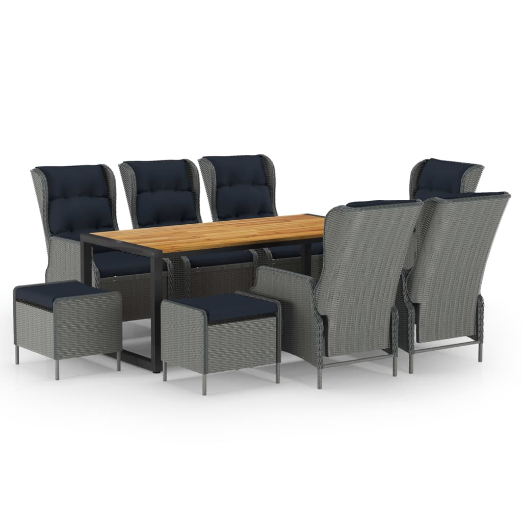 Set mobilier de gradina 9 piese masa cu 6 scaune-fotoliu si 2 tabureti, vidaXL, Ratan/Lemn acacia/Otel, 180 x 90 x 75 cm, Gri deschis-maro