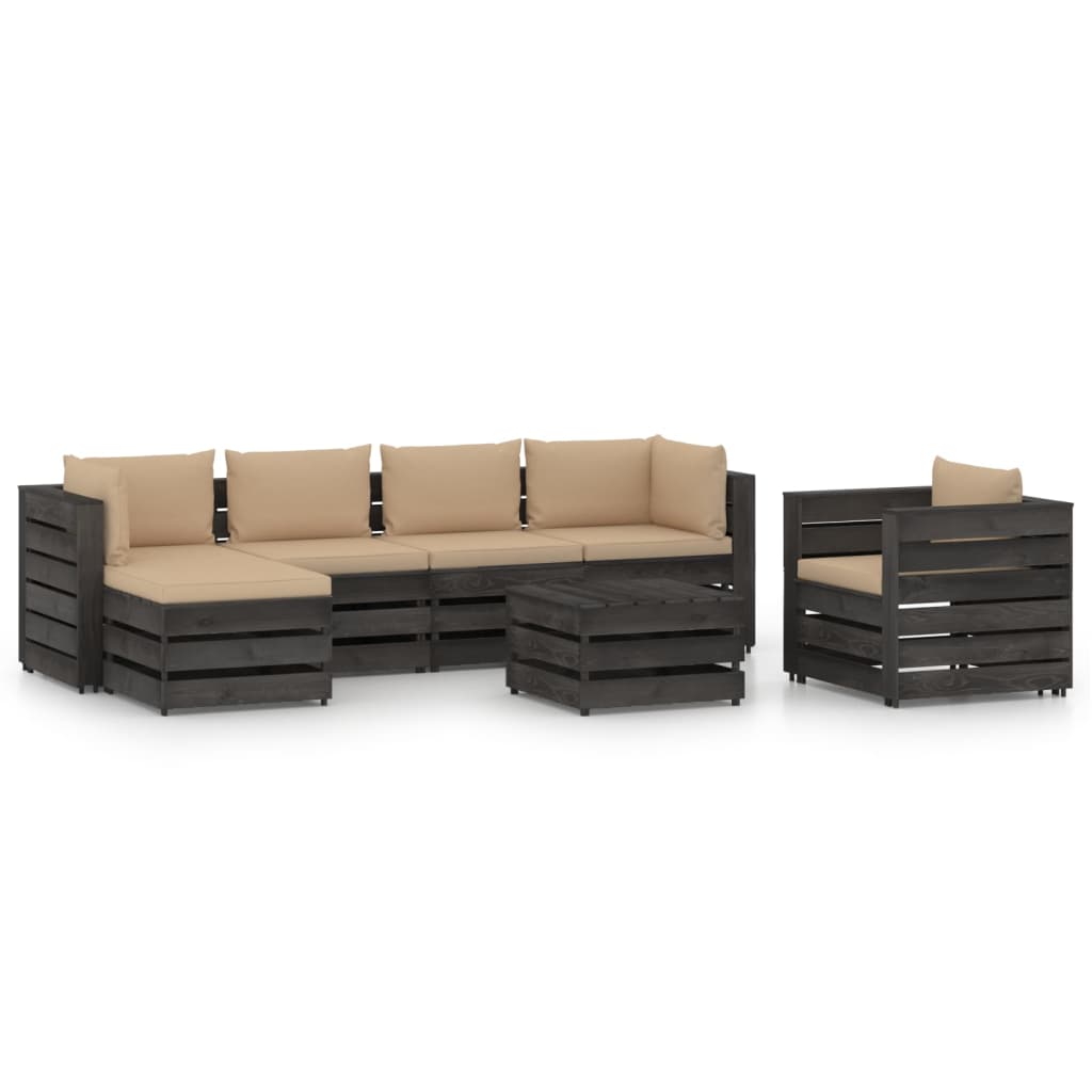 Set mobilier gradina 7 piese canapea in L, fotoliu si masuta, vidaXL, Lemn de pin tratat, Gri inchis cu perne bej