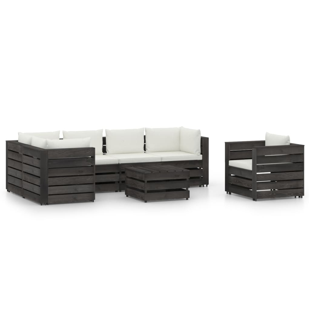 Set mobilier gradina 7 piese canapea L, fotoliu si masuta, vidaXL, Lemn de pin tratat, Gri inchis cu perne crem