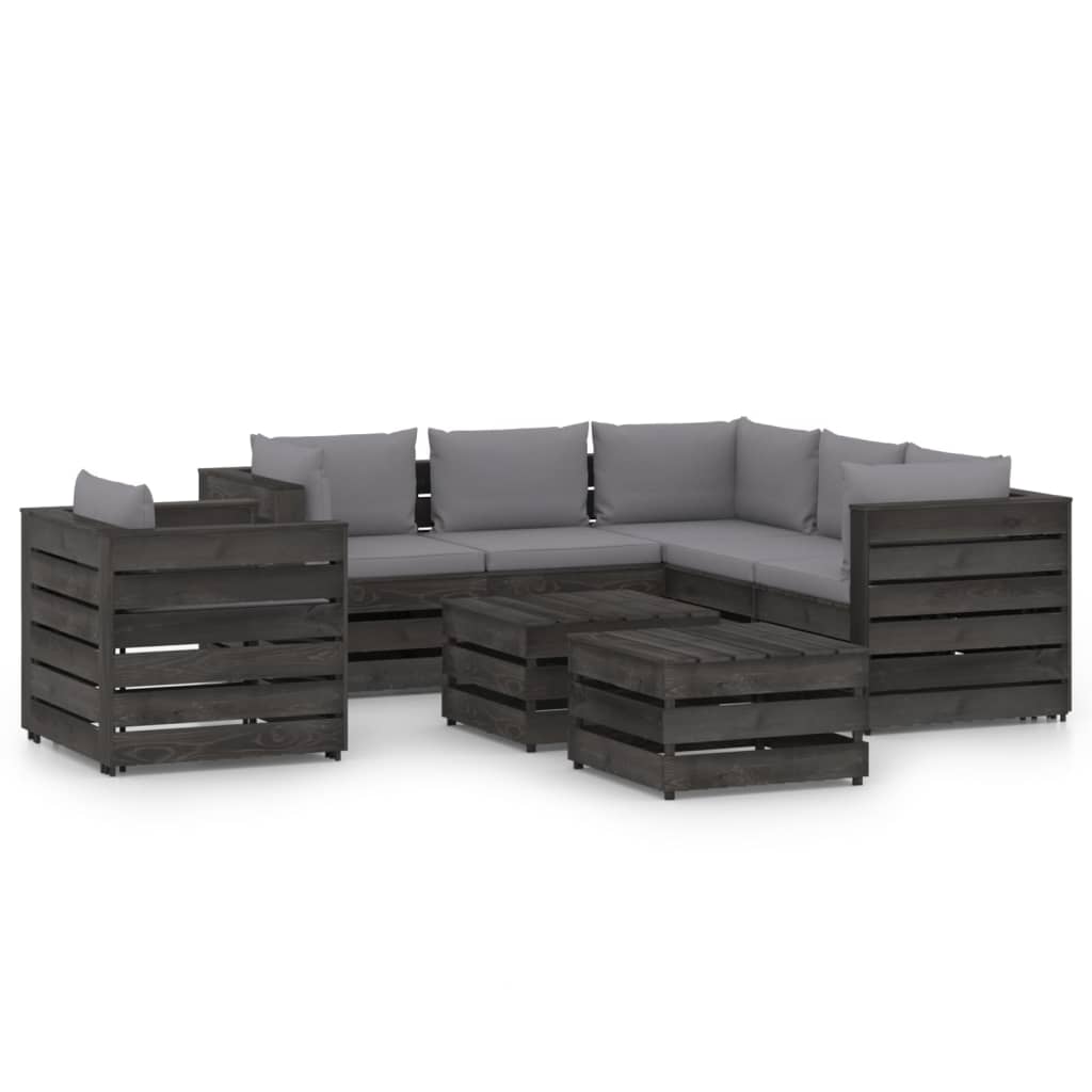 Set mobilier gradina 8 piese canapea L, fotoliu cu taburet si masuta, vidaXL, Lemn de pin tratat, Gri inchis cu perne gri