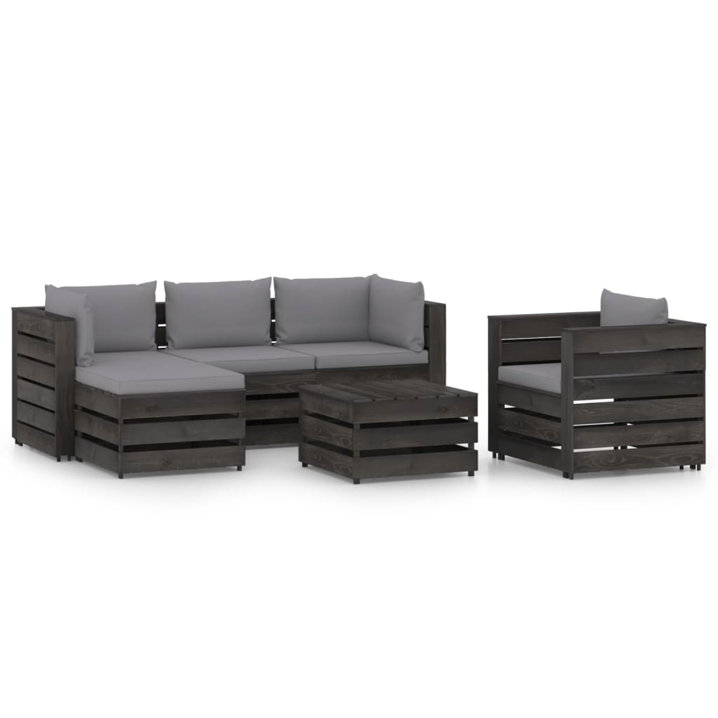 Set mobilier gradina 6 piese canapea in L, fotoliu si masuta, vidaXL, Lemn de pin tratat, Gri inchis cu perne gri deschis