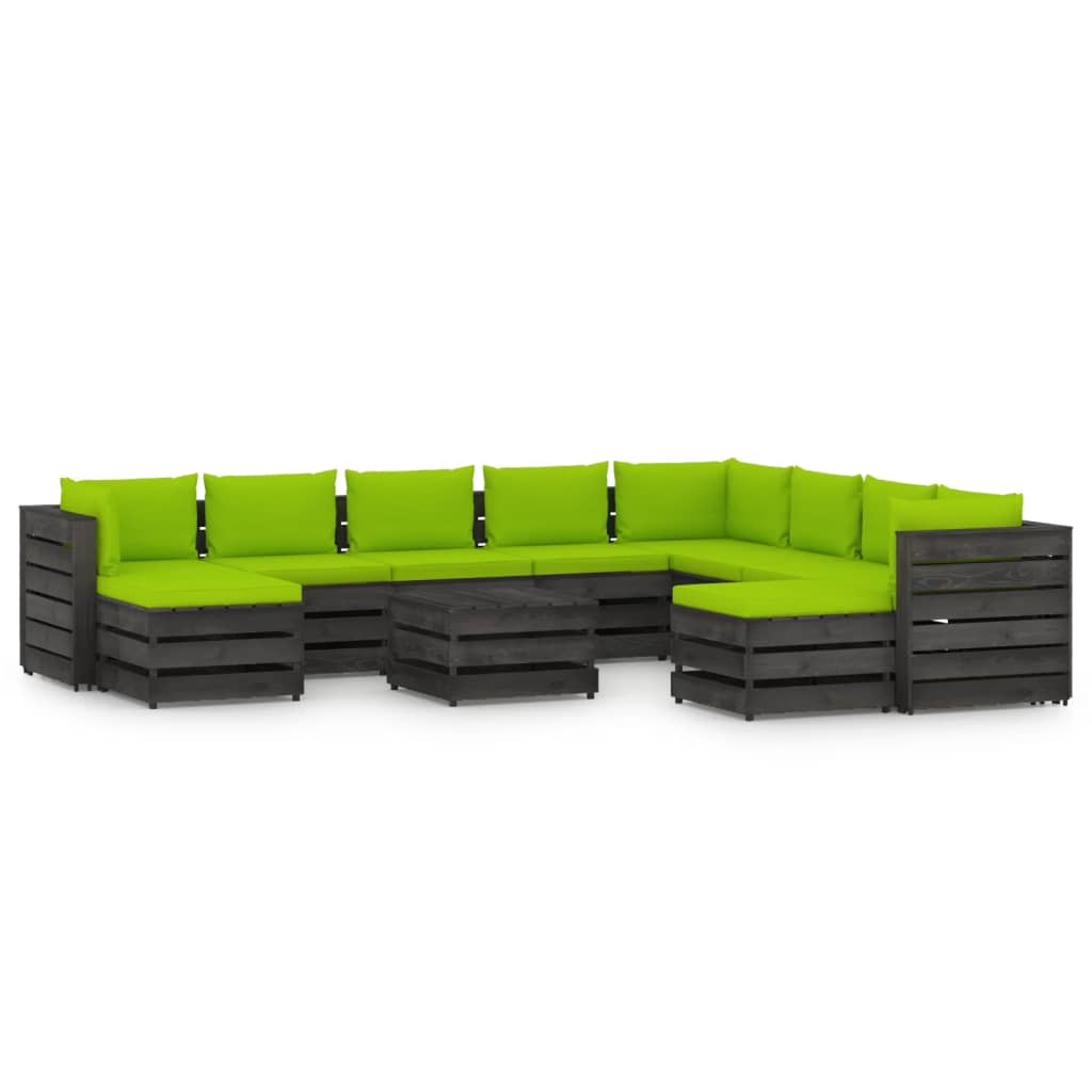 Set mobilier gradina 11 piese canapea cu masuta si cu perne, vidaXL, Lemn de pin tratat, Gri inchis - perne verde aprins