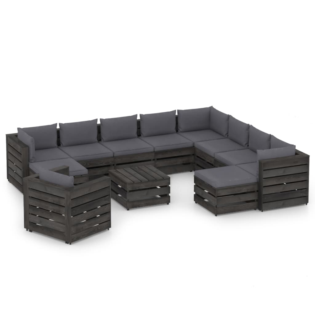 Set mobilier gradina 12 piese canapea L, fotoliu cu taburet si masuta, vidaXL, Lemn de pin tratat, Gri inchis cu perne antracit