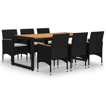 Set mobilier de gradina 7 piese masa cu fotolii, vidaXL, Ratan si lemn masiv de acacia, 180 x 90 x 75 cm, Negru si maro Set mobilier de gradina 7 piese masa cu fotolii, vidaXL, Ratan si lemn masiv de acacia, 180 x 90 x 75 cm, Negru si maro