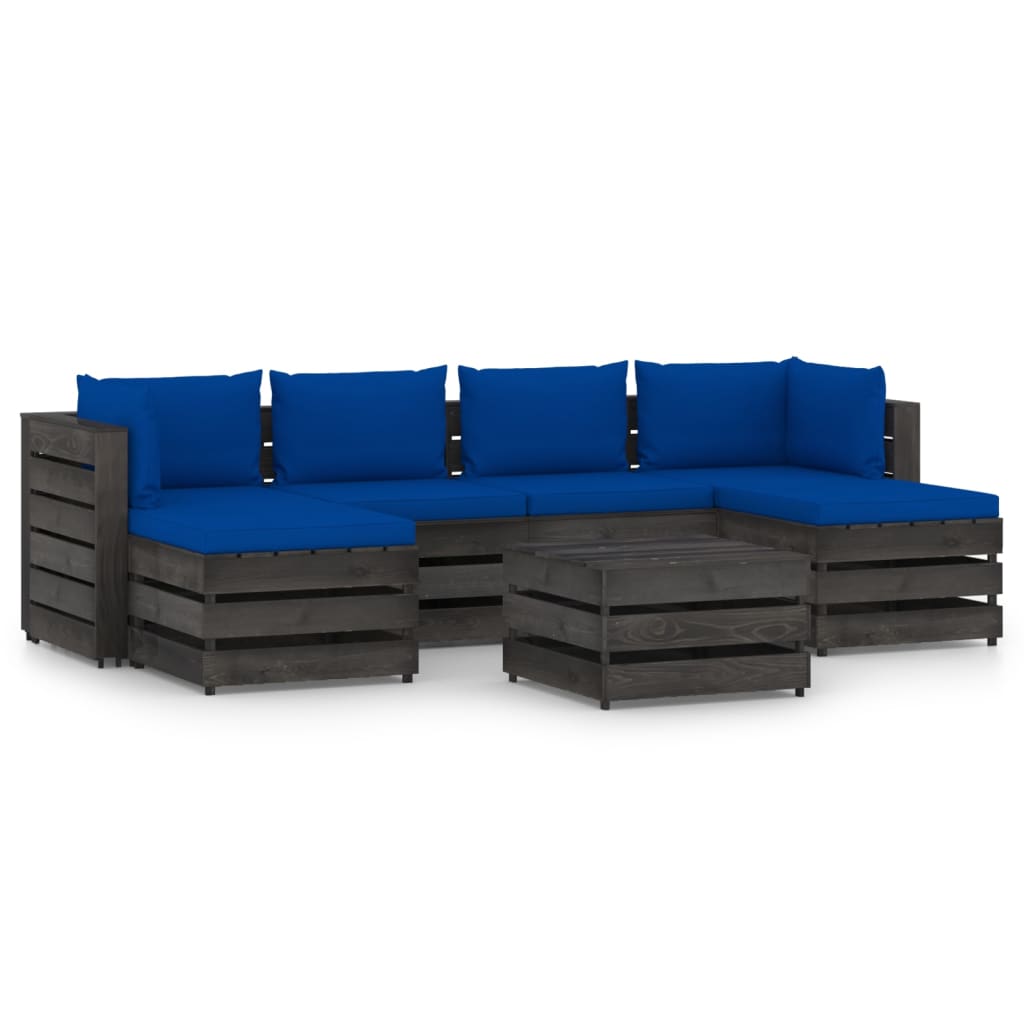 Set mobilier gradina 7 piese set canapea in U cu masuta, cu perne, vidaXL, Lemn masiv de pin tratat, Gri inchis - perne albastru regal