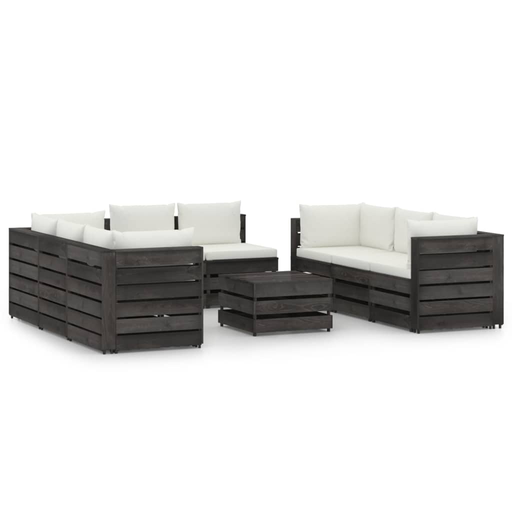 Set mobilier gradina 9 piese set canapele din paleti cu masuta, cu perne, vidaXL, Lemn masiv de pin tratat, Gri inchis - perne crem