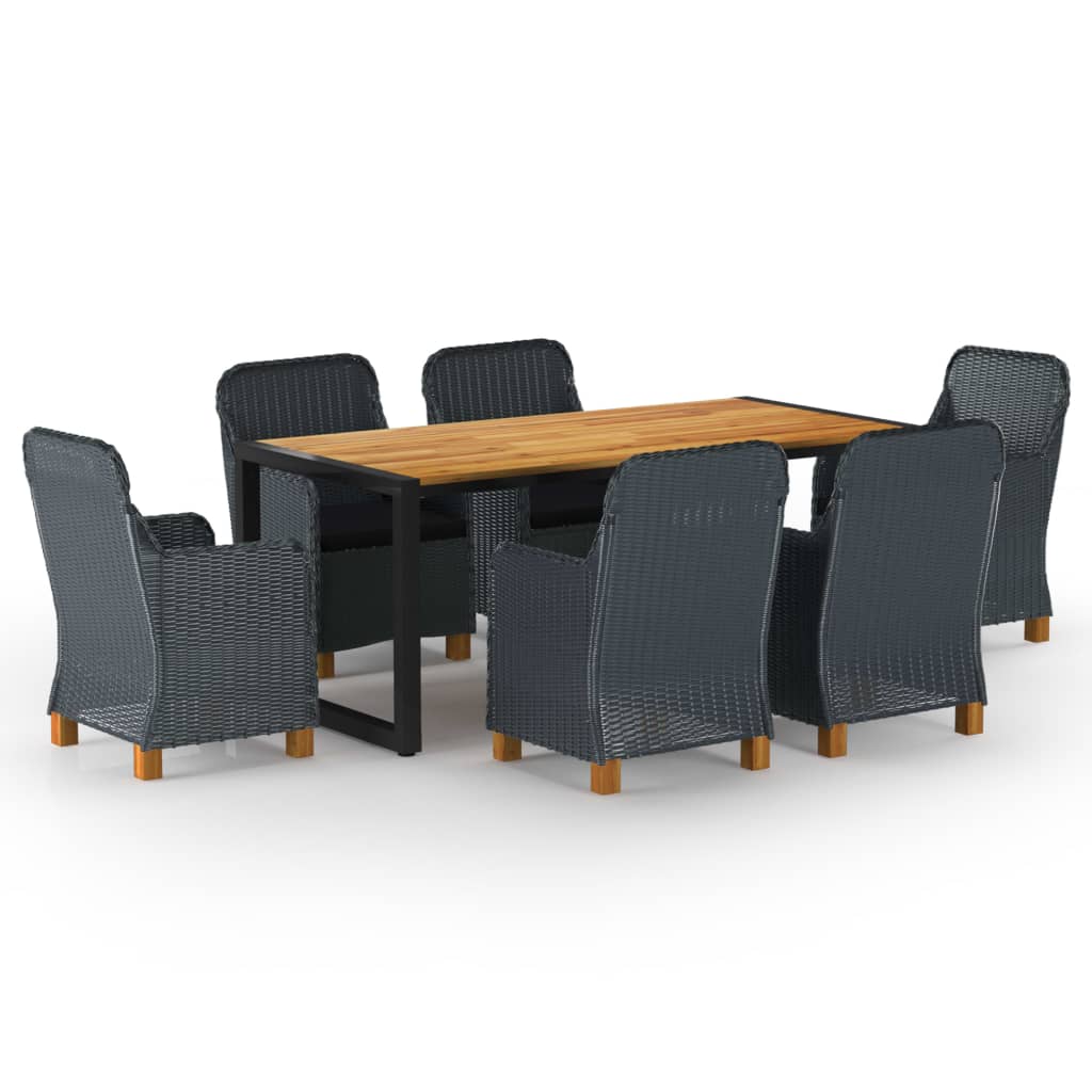 Set mobilier de gradina 7 piese masa cu 6 fotolii, vidaXL, Ratan/Lemn de acacia/Otel, 180 x 90 x 75 cm, Gri inchis-maro