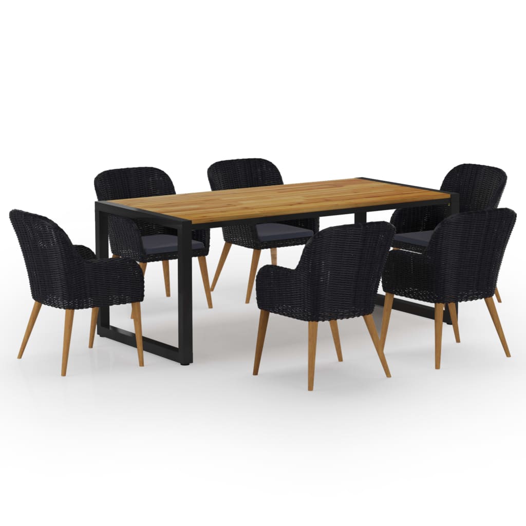Set mobilier de gradina 7 piese masa cu 6 scaune, vidaXL, Ratan/Lemn acacia/Otel, 180 x 90 x 75 cm, Negru-maro