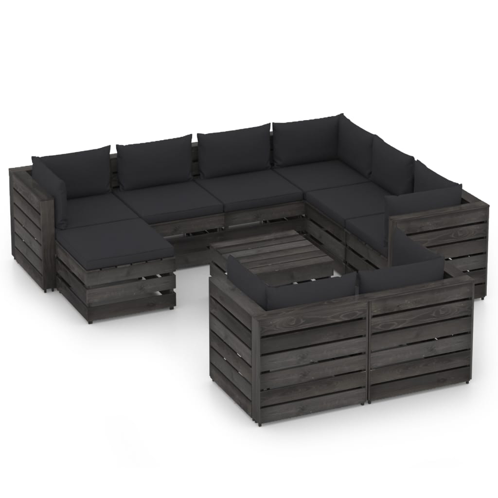 Set mobilier gradina 10 piese set canapele cu masuta si cu perne, vidaXL, Lemn masiv de pin tratat, Gri inchis - perne negru