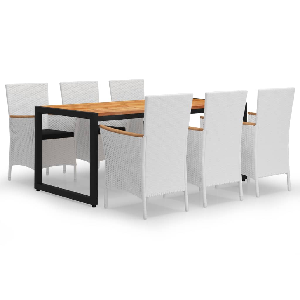 Set mobilier de gradina 7 piese masa cu fotolii, vidaXL, Ratan si lemn masiv de acacia, 180 x 90 x 75 cm, Alb si maro