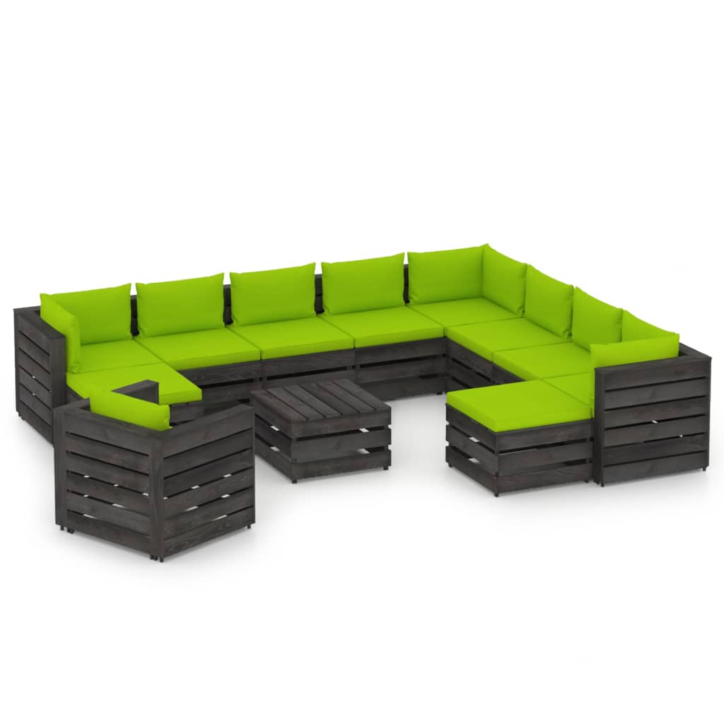 Set mobilier gradina 12 piese canapea L, fotoliu cu taburet si masuta, vidaXL, Lemn de pin tratat, Gri inchis cu perne verde aprins